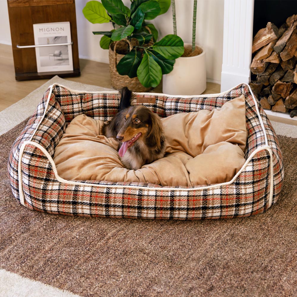 Letto per cani calmante con cuscino rimovibile a motivo plaid classico retrò - Rifugio nostalgico