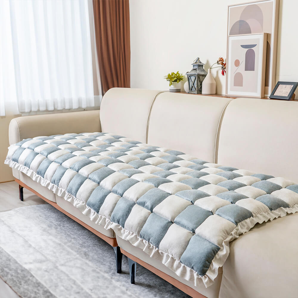 Coperta per cani in cotone peloso a forma quadrata a grandi quadri color crema