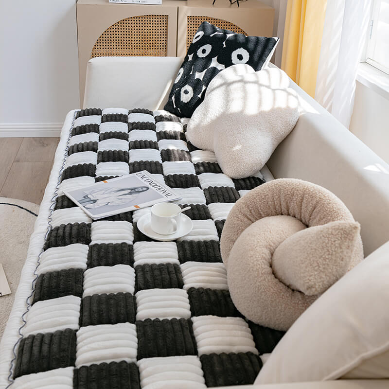 Coperta per cani in cotone peloso a forma quadrata a grandi quadri color crema