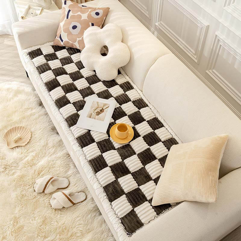 Coperta per cani in cotone peloso a forma quadrata a grandi quadri color crema