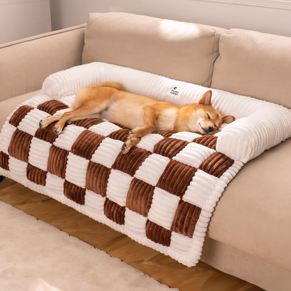 Cream Square Plaid Cozy Dog Mat Furniture Protector Cover Home Bundle 4pcs