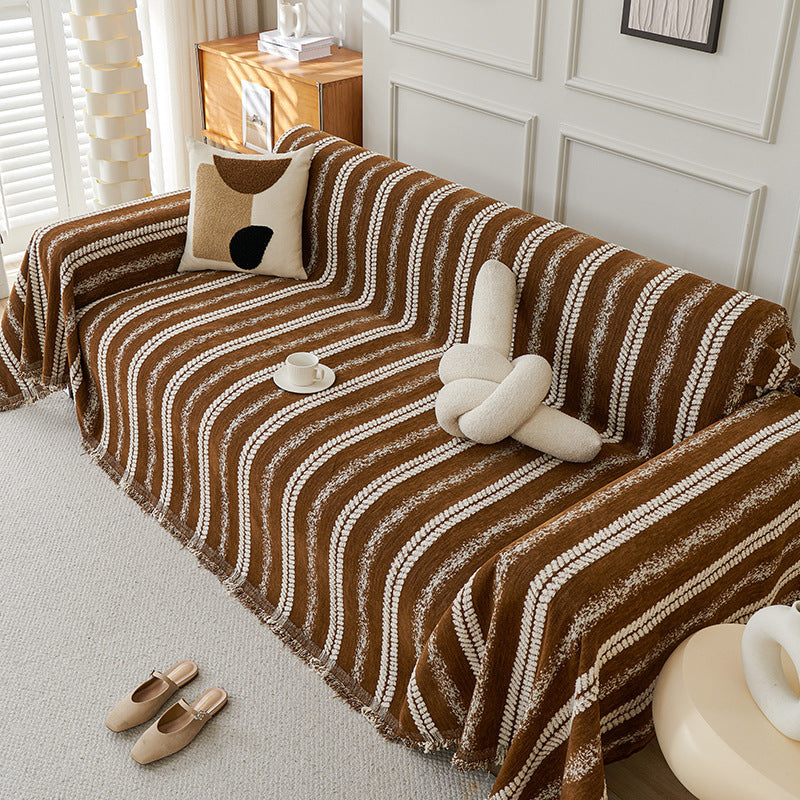 Copertura per divano in chenille con frange a strisce decorative