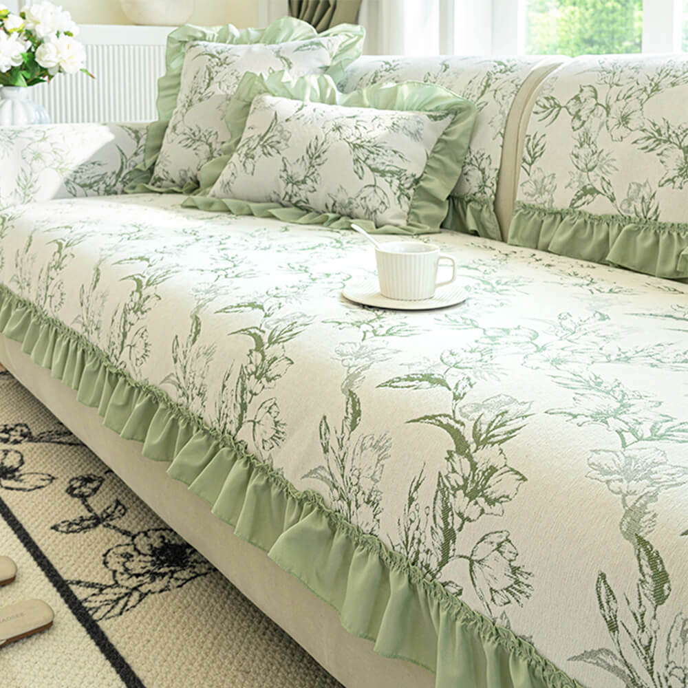 Copri divano anti-scivolo design ruffles floreali in chenille