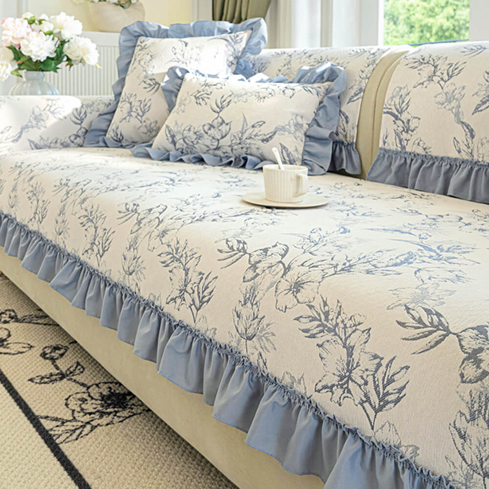 Copri divano anti-scivolo design ruffles floreali in chenille