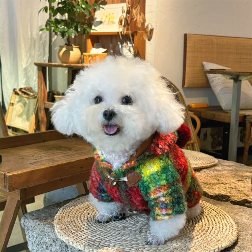 Christmas Plaid Woolen Warm Pom Pom Hooded Dog Coat