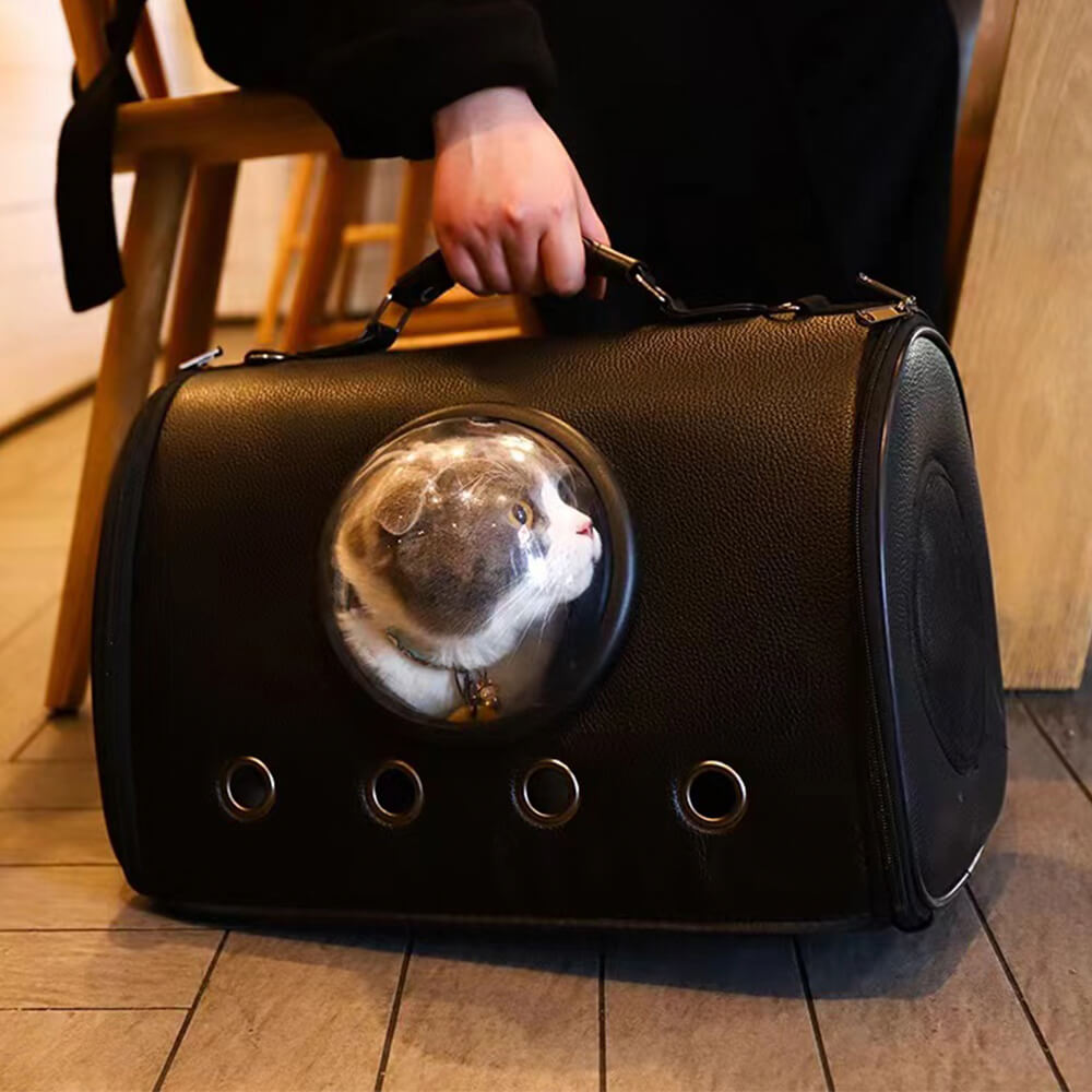 Classic Leather Breathable Transparent Dome Cat Carrier Bag