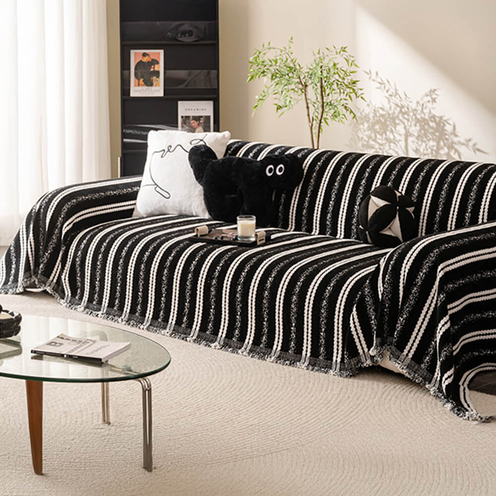Copertura per divano in chenille con frange a strisce decorative