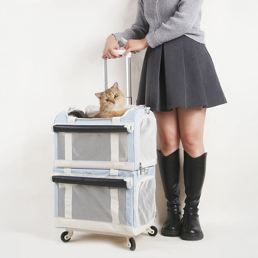 Borsa Per Animali Da Compagnia Rotolante Da Viaggio Multi-gatto A Doppio Strato Con Rotelle