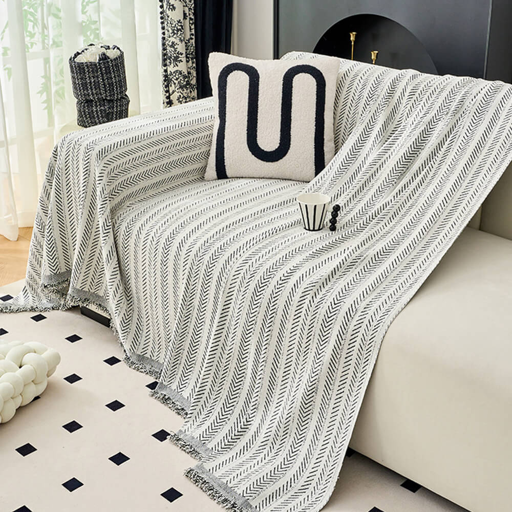 Copertura per divano in chenille a righe eleganti con texture a spina di pesce