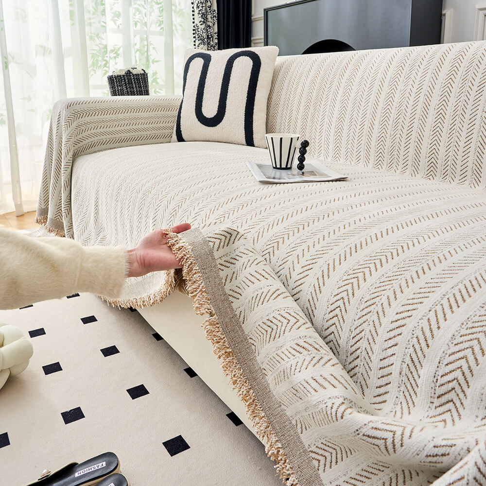 Copertura per divano in chenille a righe eleganti con texture a spina di pesce