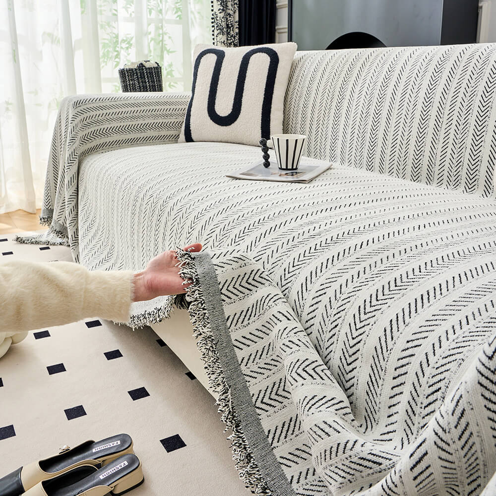 Copertura per divano in chenille a righe eleganti con texture a spina di pesce