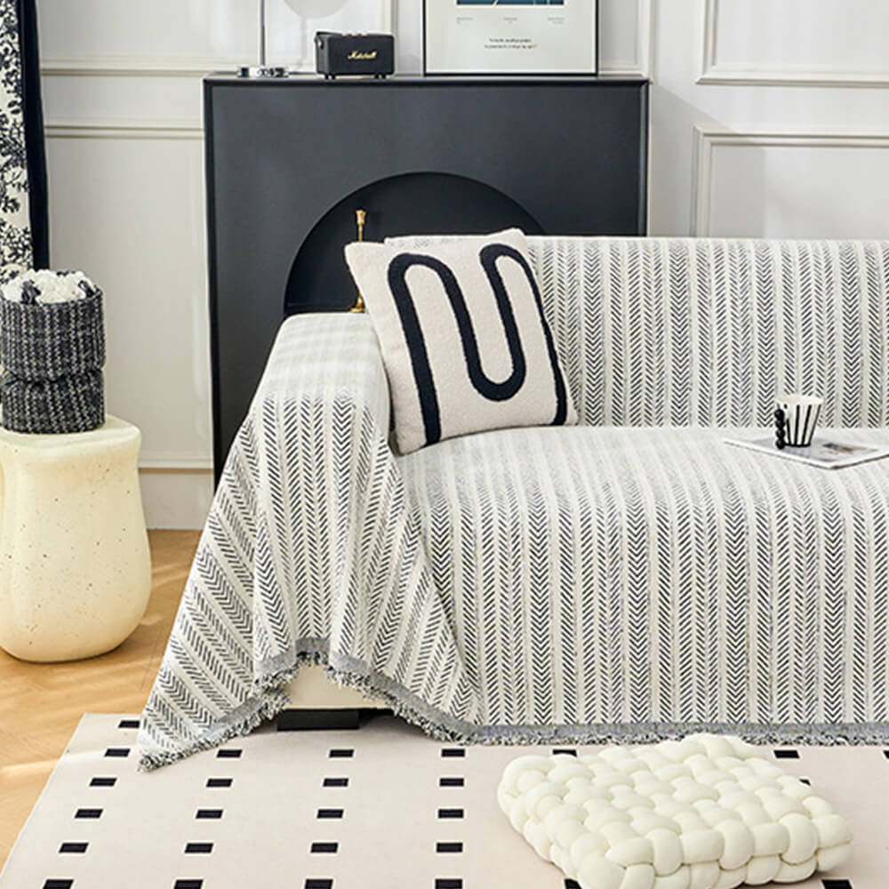 Copertura per divano in chenille a righe eleganti con texture a spina di pesce