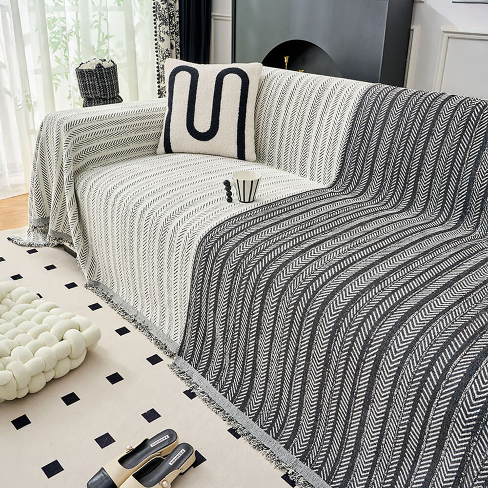 Copertura per divano in chenille a righe eleganti con texture a spina di pesce