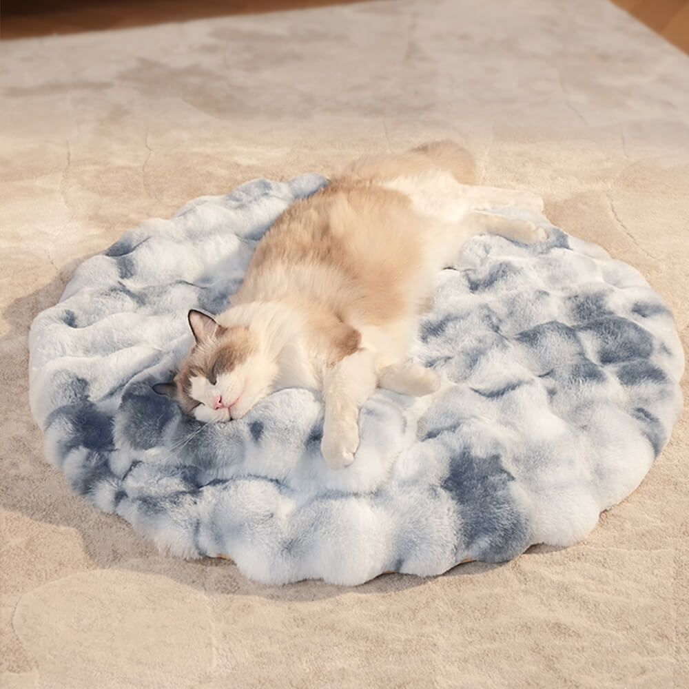 Materassino rotondo per cani e gatti in pelliccia sintetica, termoregolante, con cuscino.