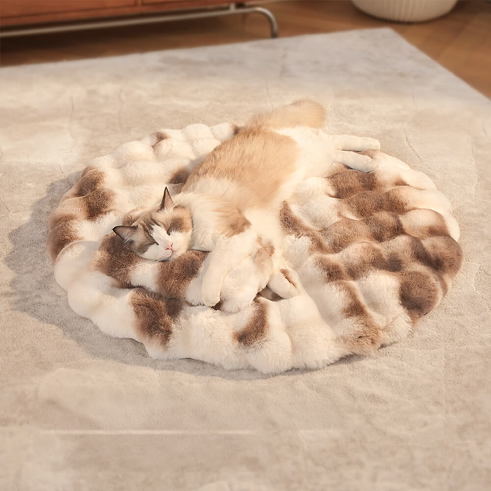 Materassino rotondo per cani e gatti in pelliccia sintetica, termoregolante, con cuscino.