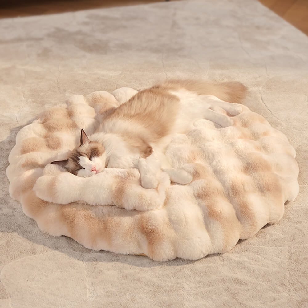 Materassino rotondo per cani e gatti in pelliccia sintetica, termoregolante, con cuscino.