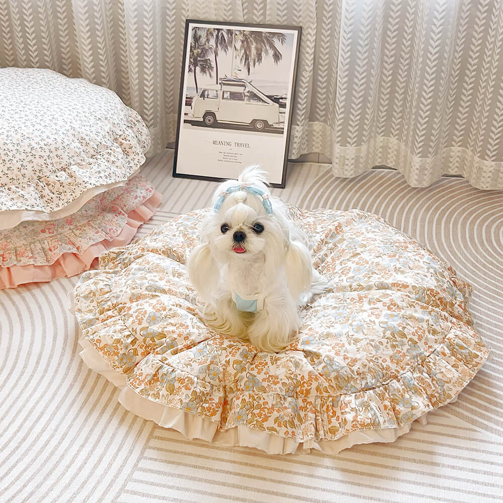 Floral Ruffled All-season Cozy Washable Round Dog Bed