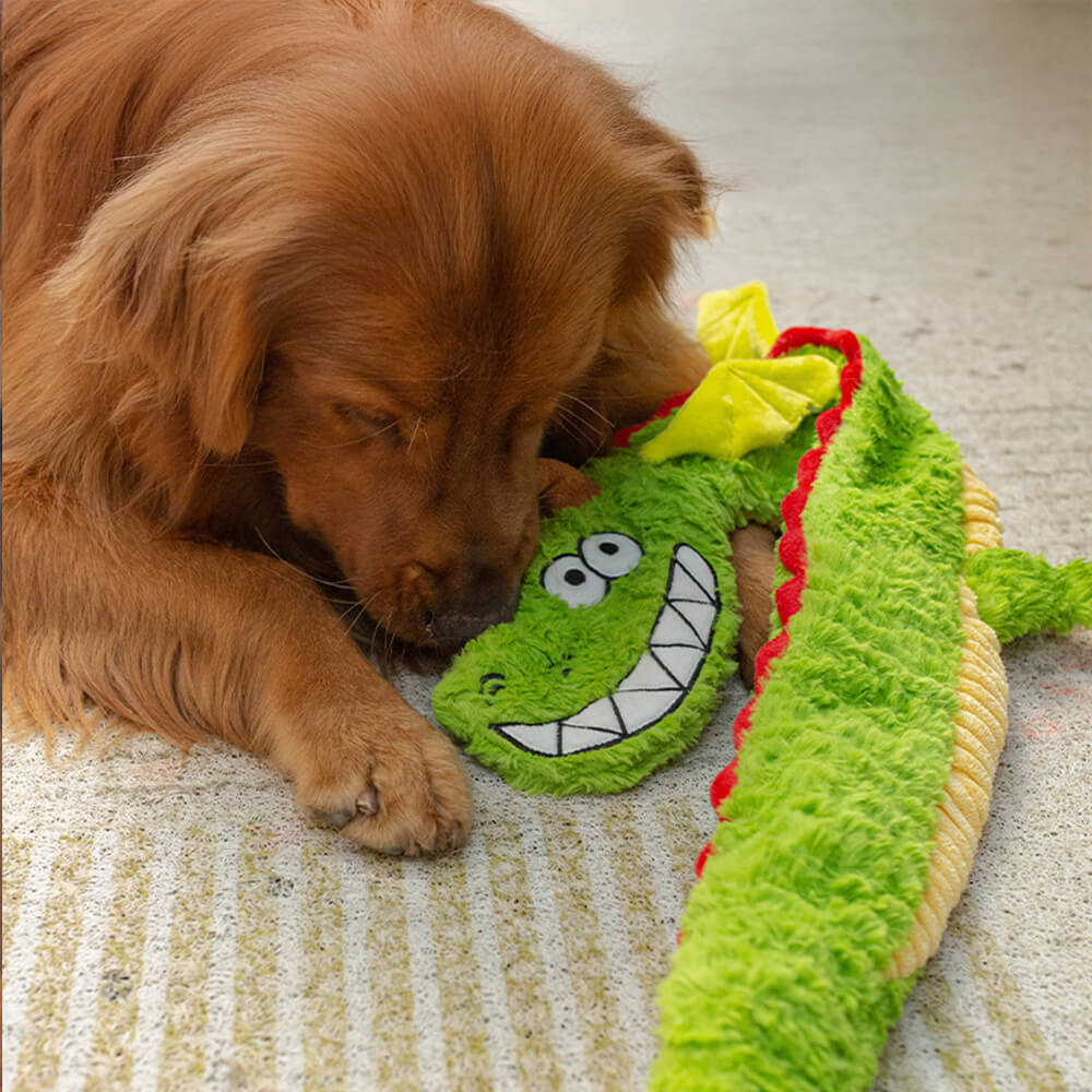 Giocattolo interattivo per cani a forma di drago arricciato – Giocattolo da masticare e tirare con squittio