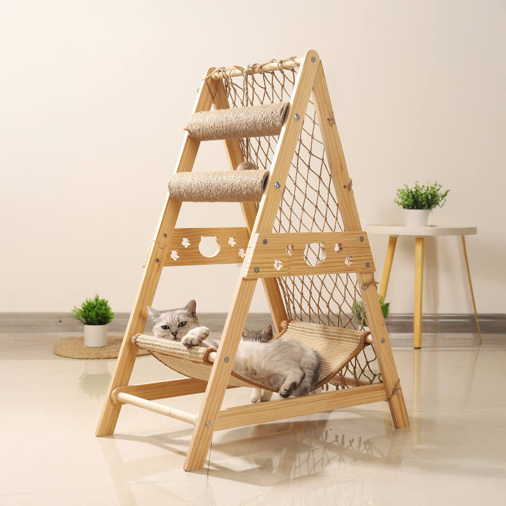 Modern Wooden Cat Tree Funny Scratching Post with Hammock Climbing Net