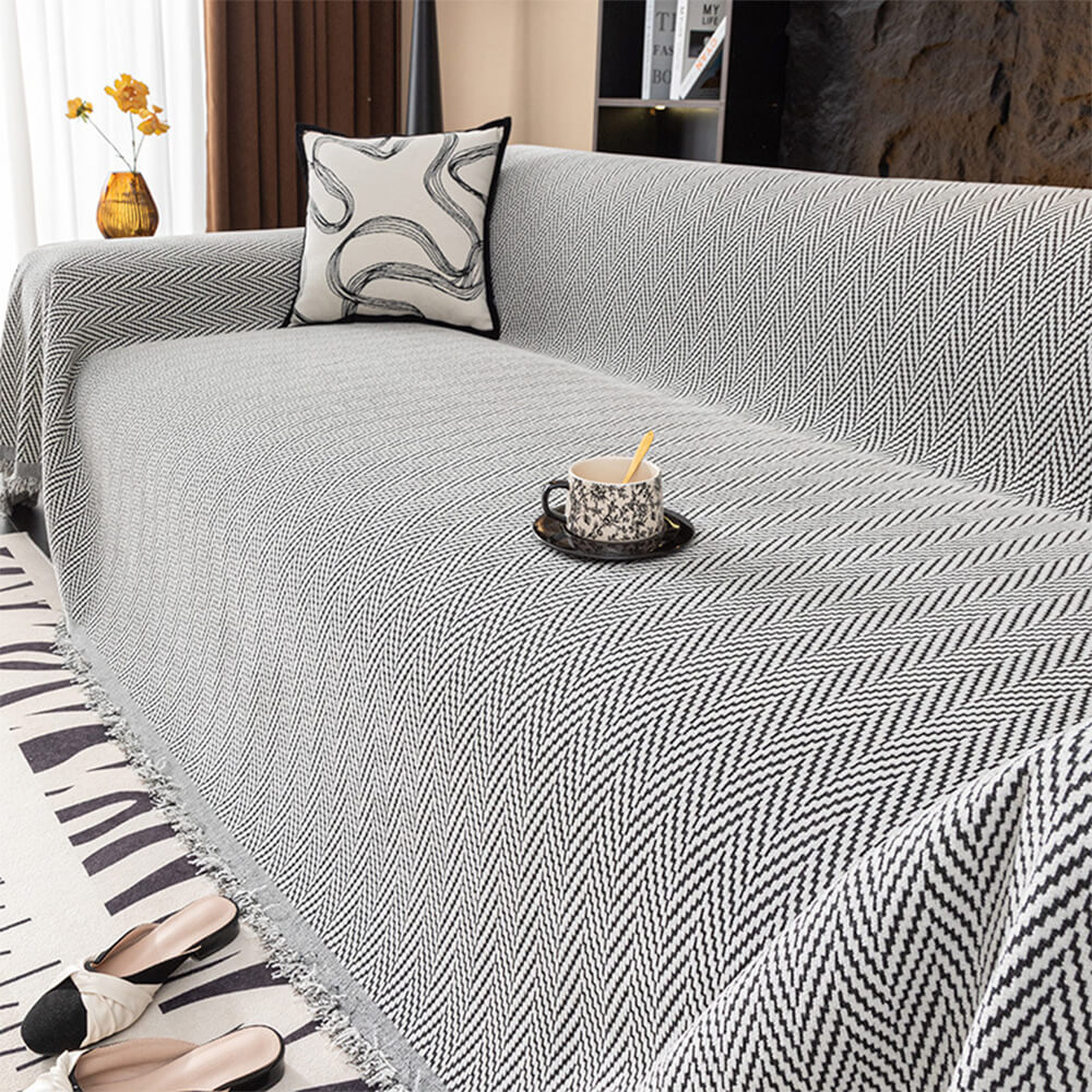 Copertura per divano a frange in chenille a spina di pesce premium a copertura totale