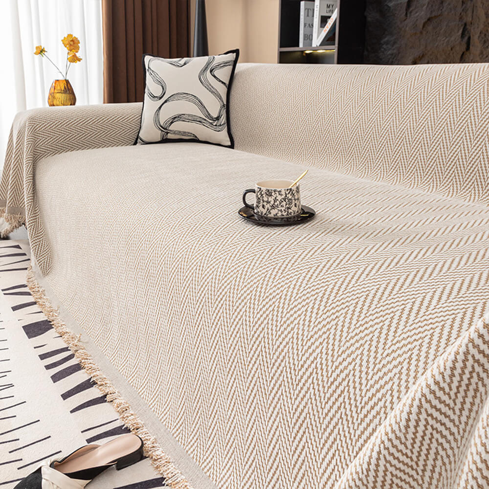 Copertura per divano a frange in chenille a spina di pesce premium a copertura totale