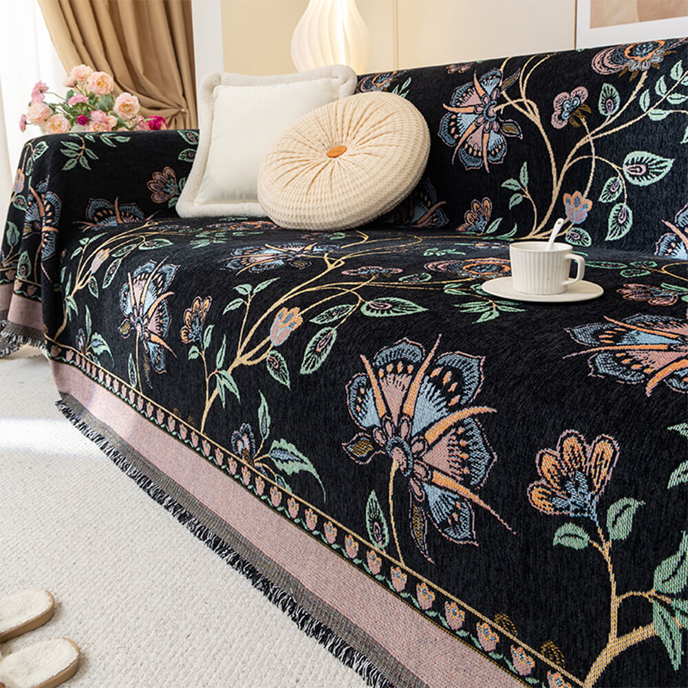 Copertura per divano in chenille jacquard floreale botanico vintage