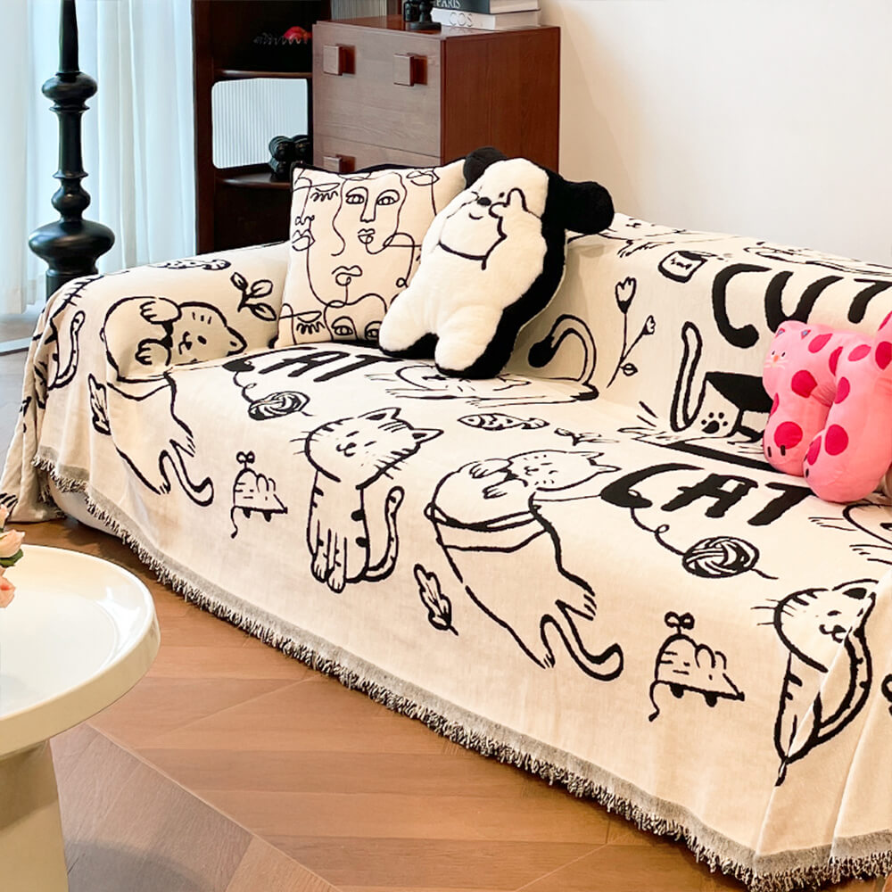 Copertura per divano in chenille reversibile con motivo di gatti disegnati a mano carini.