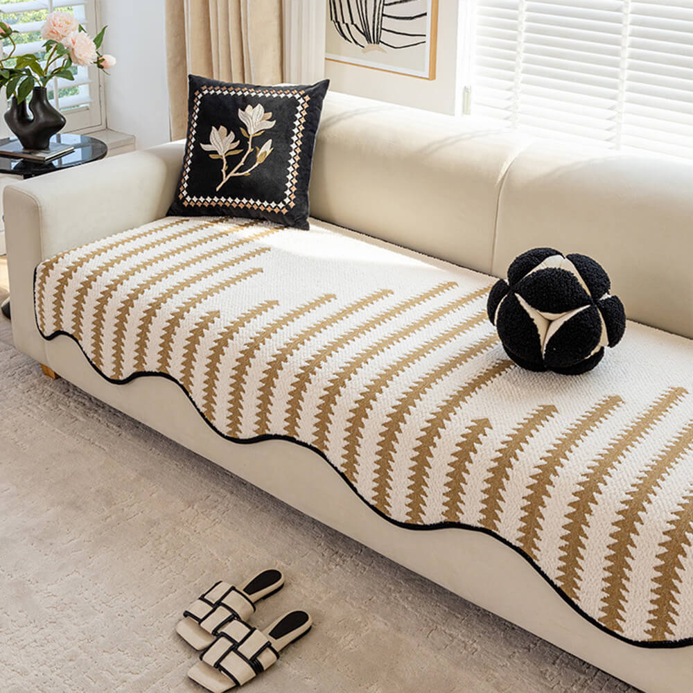 Copertura per divano in chenille a righe a zigzag moderne con bordi ondulati