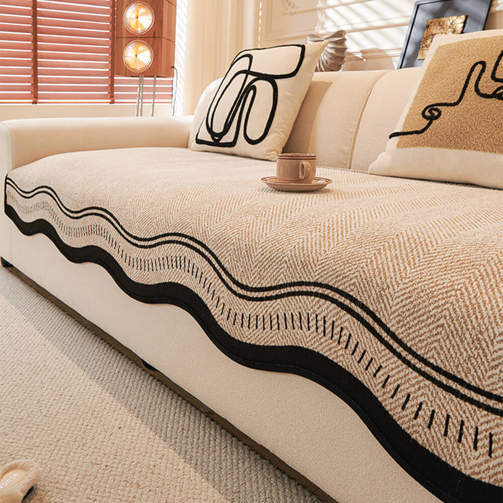Copertura per divano in chenille a spina di pesce antiscivolo con bordi ondulati