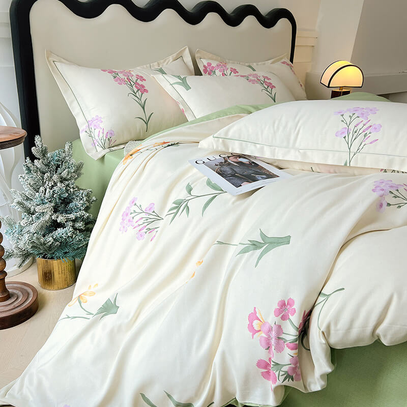 Feather-Print Brushed Cotton Breathable Comfort Bed Sheet Set