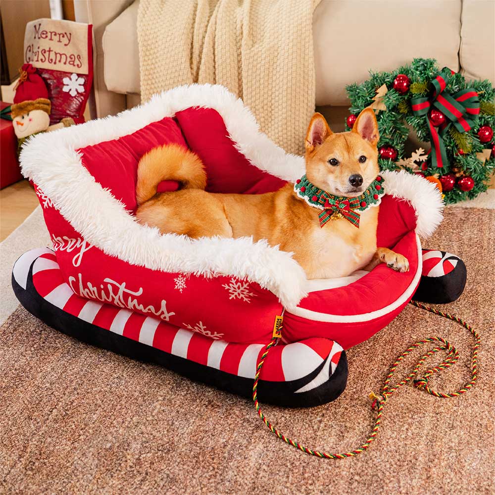 Festive Plush Cozy Dog Bed - Christmas Sleigh