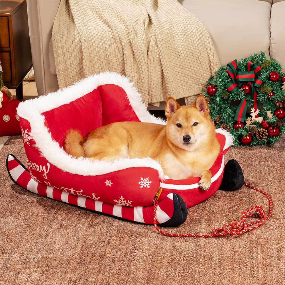 Letto per cani festivo in peluche e morbido - Slitta di Natale