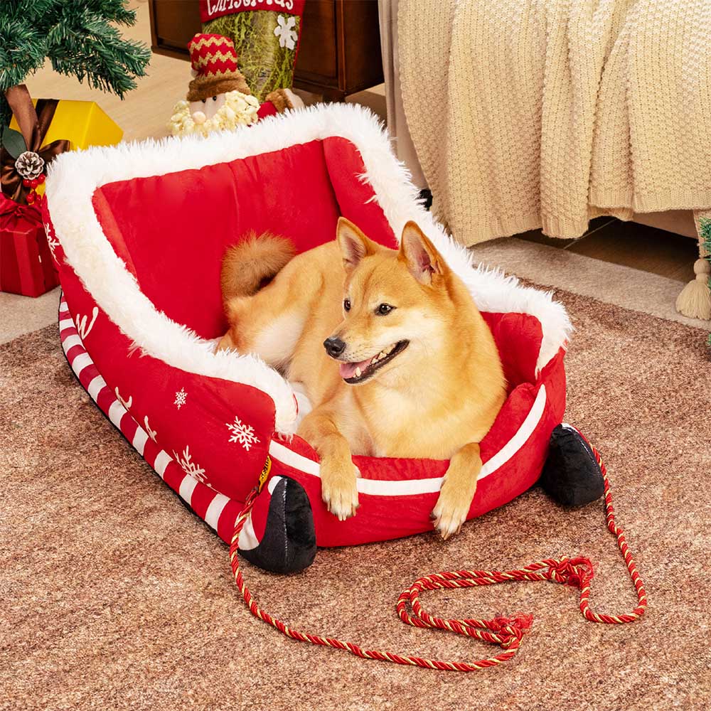 Letto per cani festivo in peluche e morbido - Slitta di Natale
