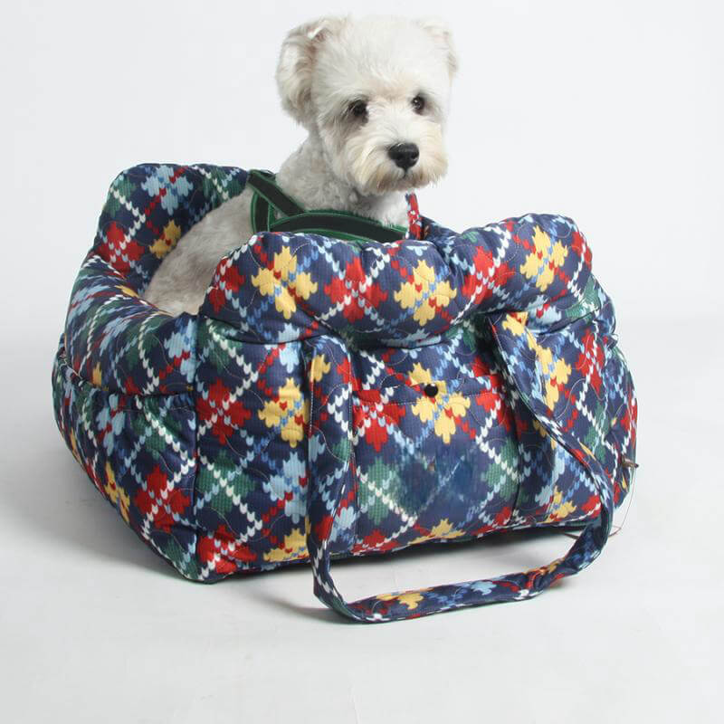 Seggiolino auto per cani con patchwork in denim vintage, supporto di sicurezza da viaggio