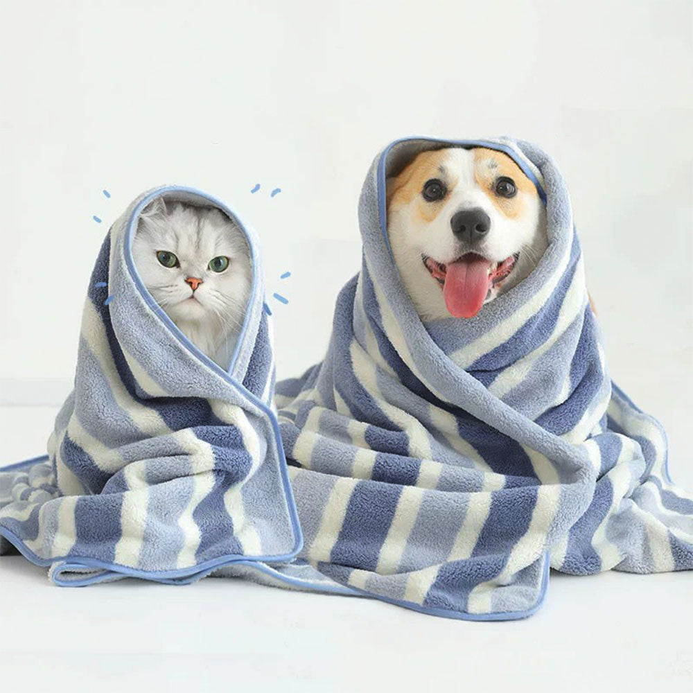 Asciugamano per cani e gatti a strisce, assorbente, ispessito e morbido.