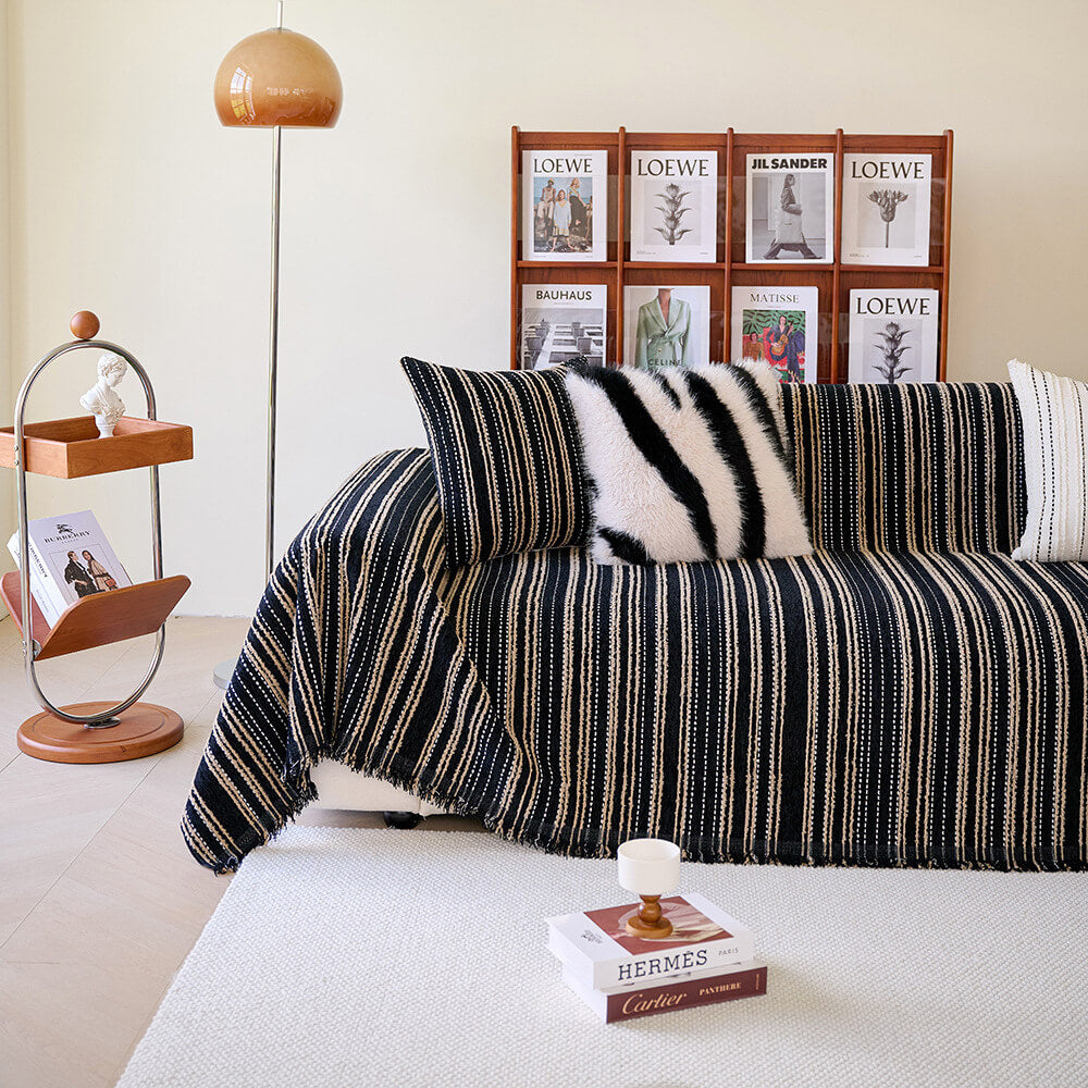 All-Season Striped Tassels Chenille Durable Couch Cover