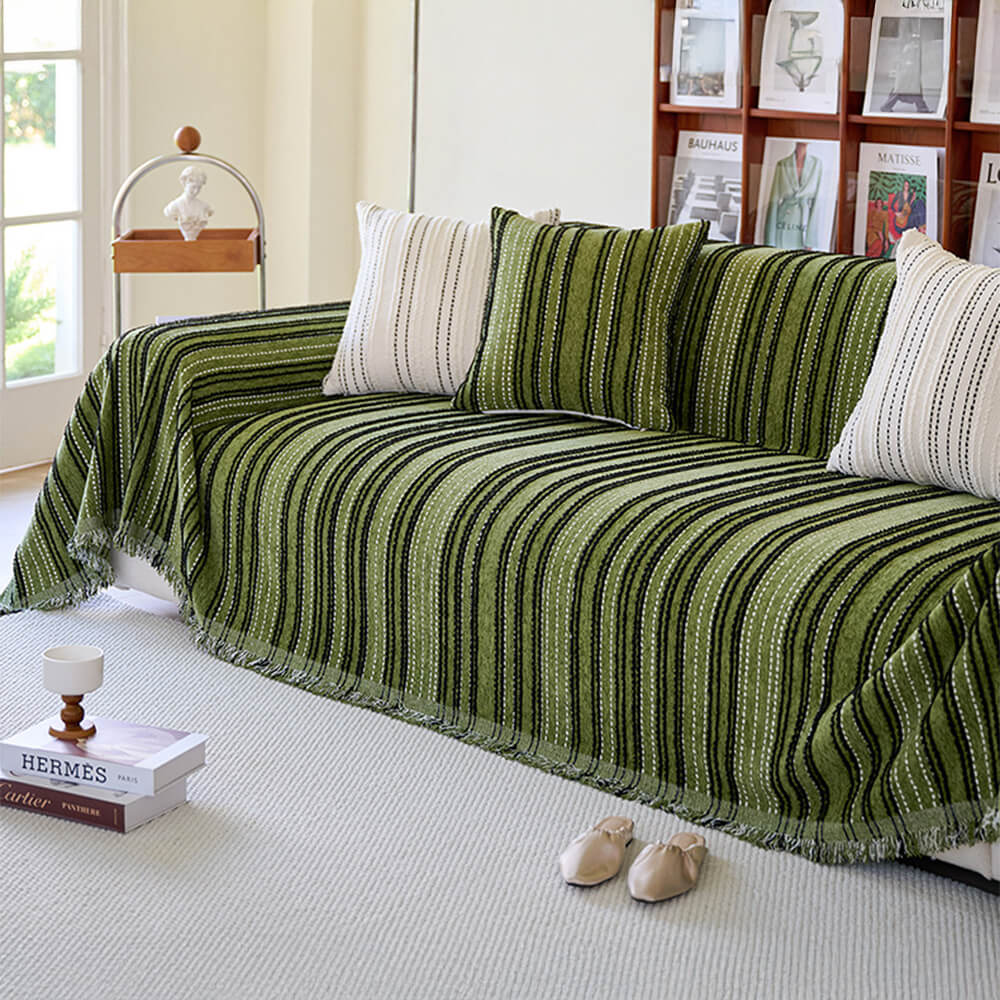 All-Season Striped Tassels Chenille Durable Couch Cover