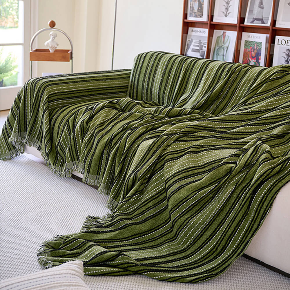 All-Season Striped Tassels Chenille Durable Couch Cover