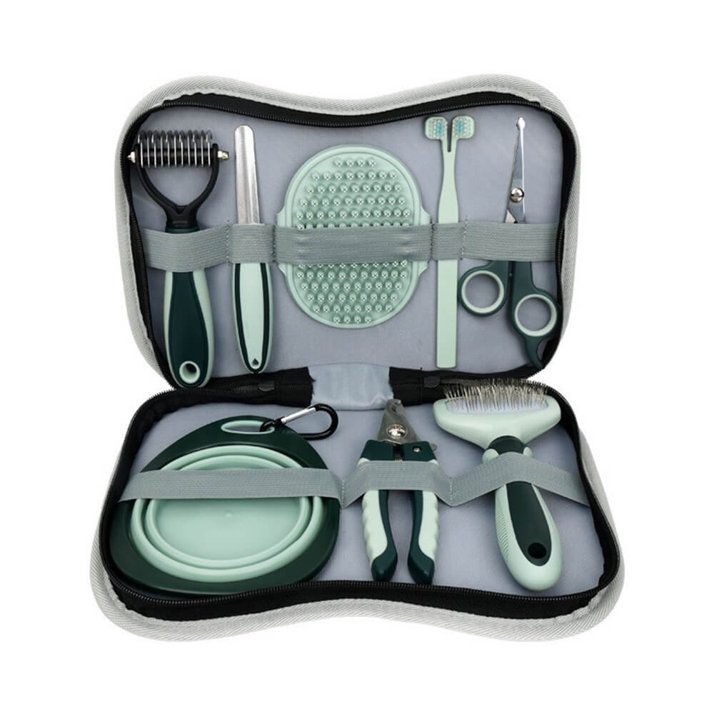 Set completo per la cura e la rimozione del pelo in eccesso per animali domestici.