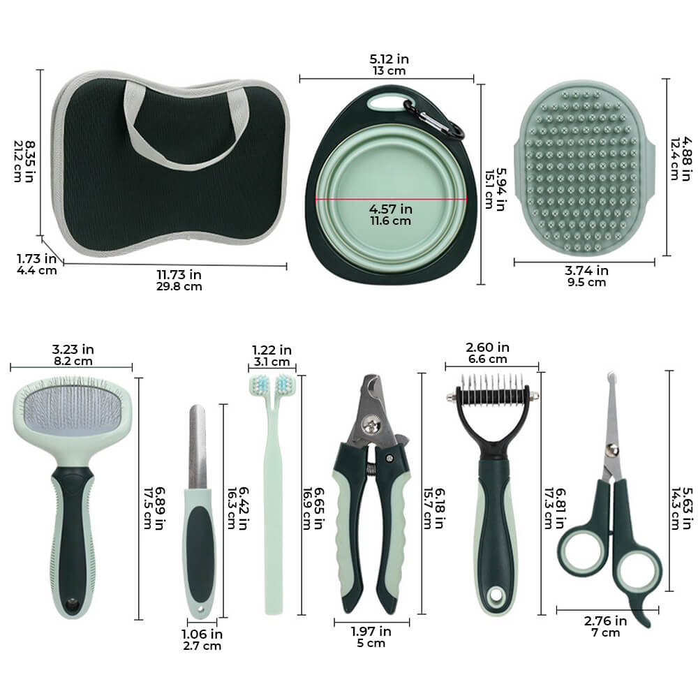 Set completo per la cura e la rimozione del pelo in eccesso per animali domestici.