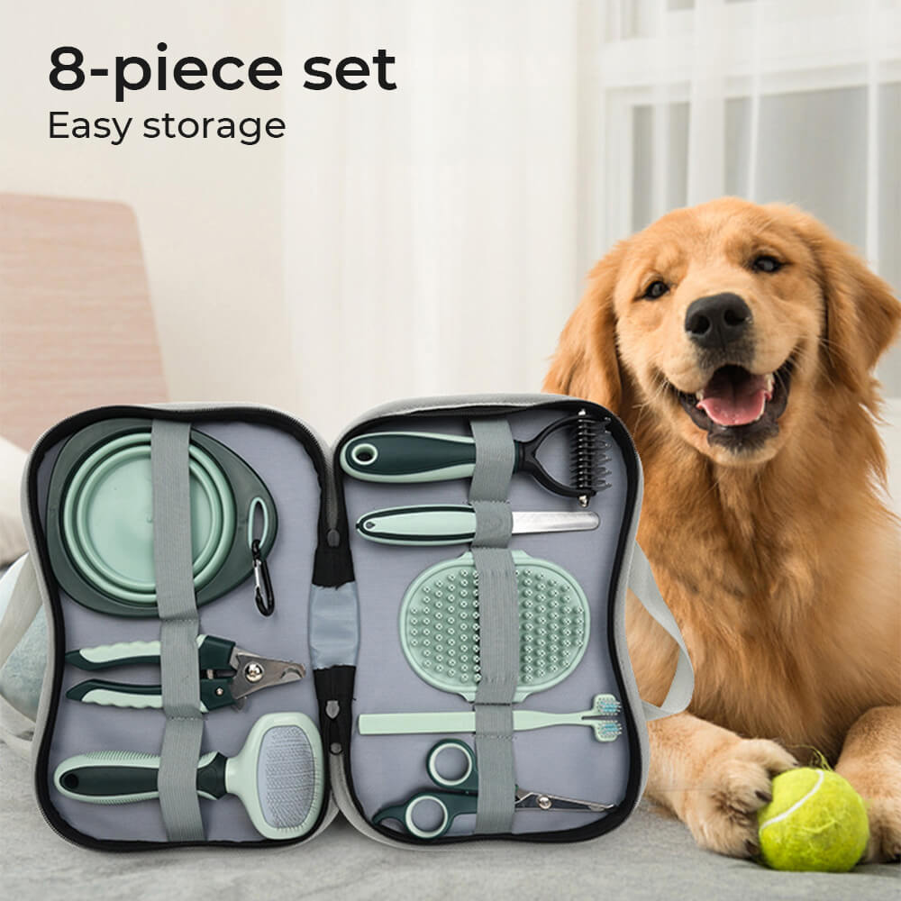 Set completo per la cura e la rimozione del pelo in eccesso per animali domestici.