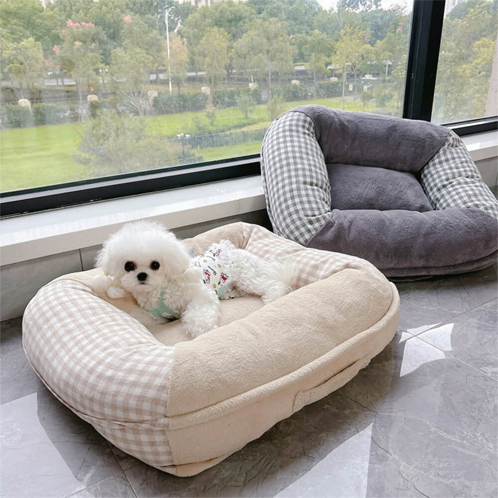 Letto per cani e gatti in microfibra impermeabile con supporto completo in canvas e pile corallo.