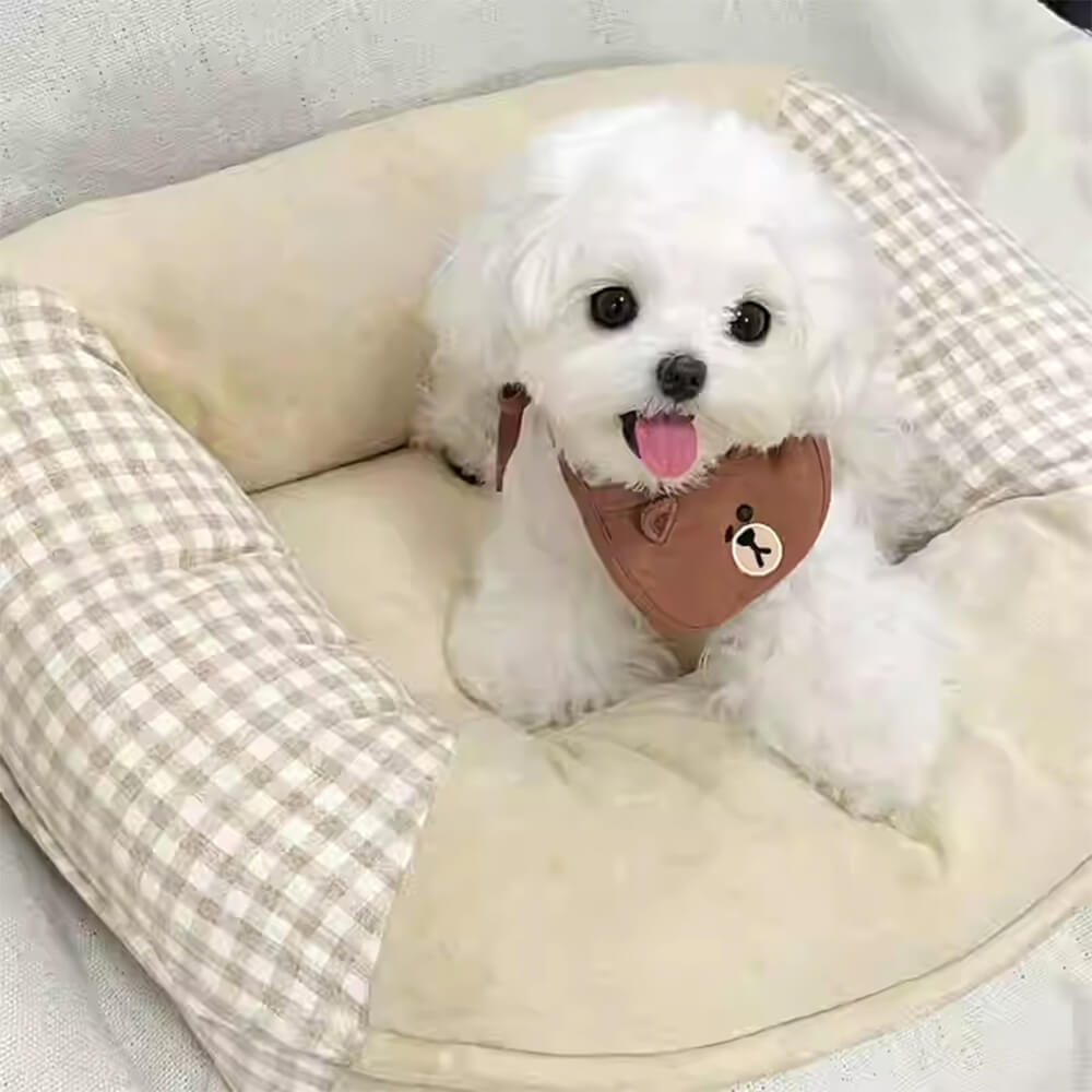 Letto per cani e gatti in microfibra impermeabile con supporto completo in canvas e pile corallo.