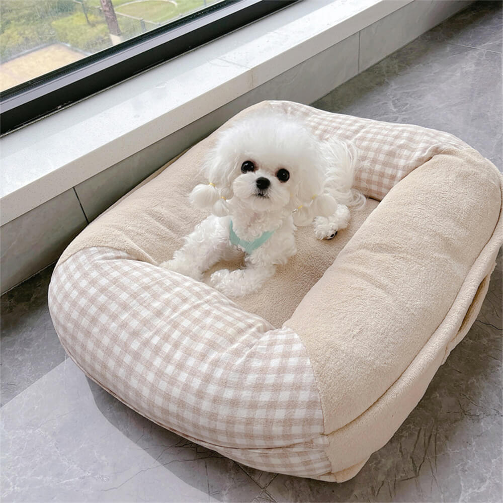 Letto per cani e gatti in microfibra impermeabile con supporto completo in canvas e pile corallo.
