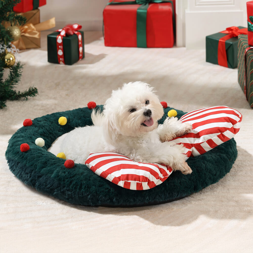 Christmas Bow Wreath Cozy Decor Support Pillow Dog & Cat Bed