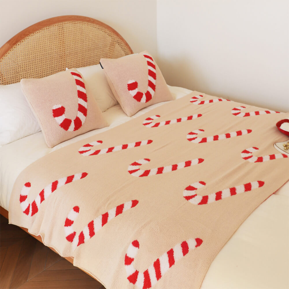 Christmas Candy Cane Cozy Knit Throw Blanket with Pillow