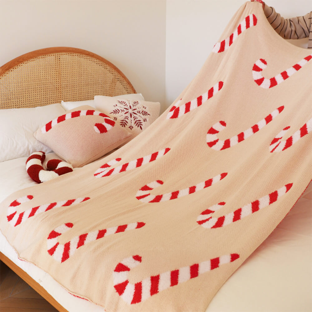 Christmas Candy Cane Cozy Knit Throw Blanket with Pillow