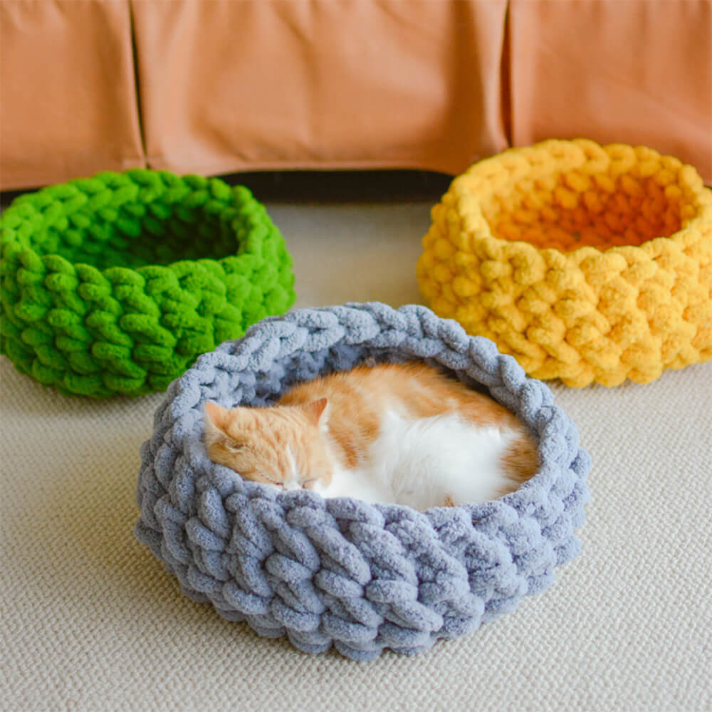 Letto rotondo per gatti intrecciato a mano, spesso, accogliente e traspirante