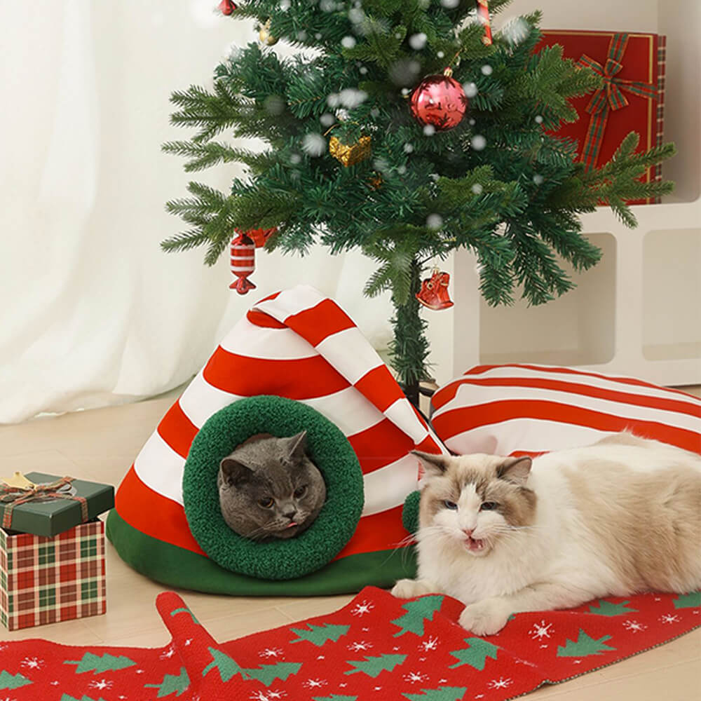 Cappello di Natale Classico Caldo Lavabile Letto per Gatti Semi-Chiuso