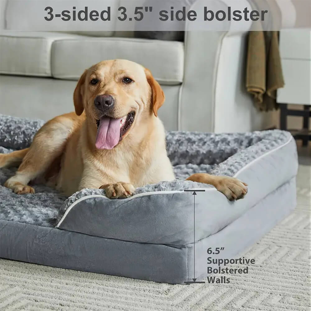 Letto ortopedico per cani impermeabile, completamente circondato e con supporto rimovibile.